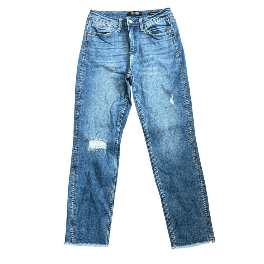 Judy Blue Boyfriend Fit Jeans 7 28 Distressed Dark Wash Side Stitch normcore